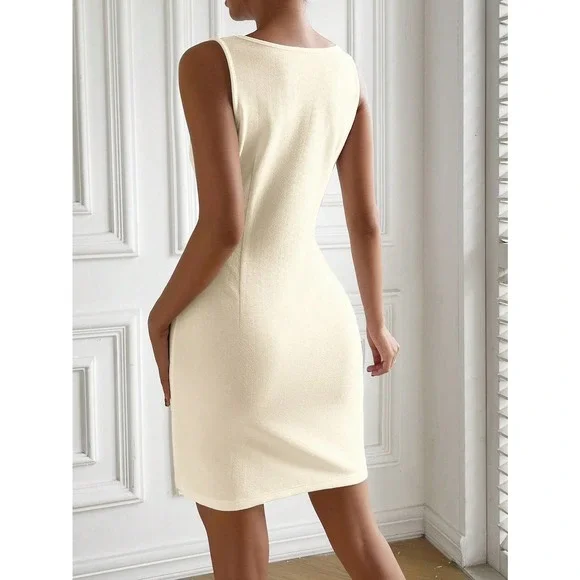 minimalist business casual workwear square neck Split Hem mini Dress blue - Picture 3 of 11